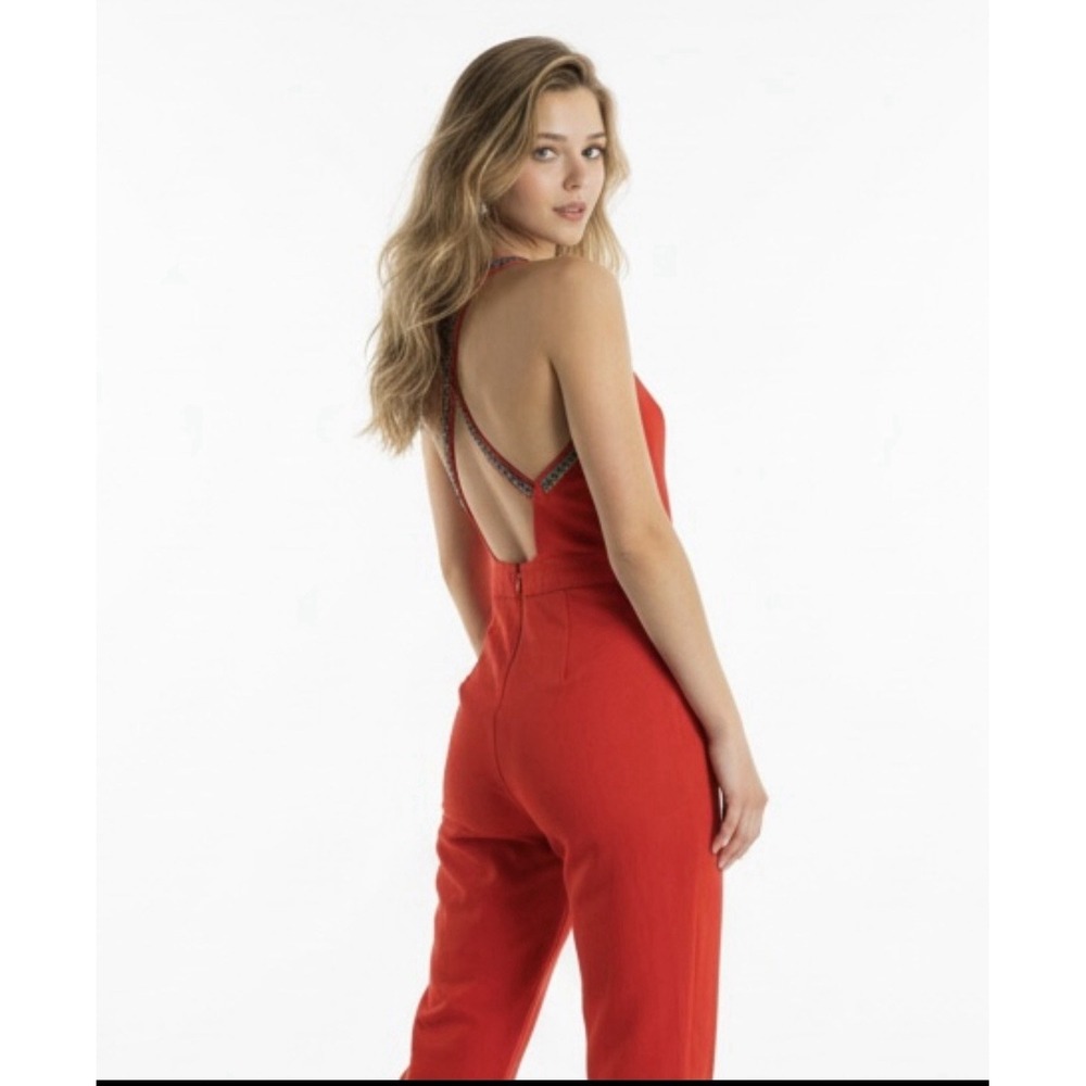 Y2K Bebe Red Pant/Jumpsuit Zip Rhinestone Strap CrissCross Ankle XS 90s Bodycon